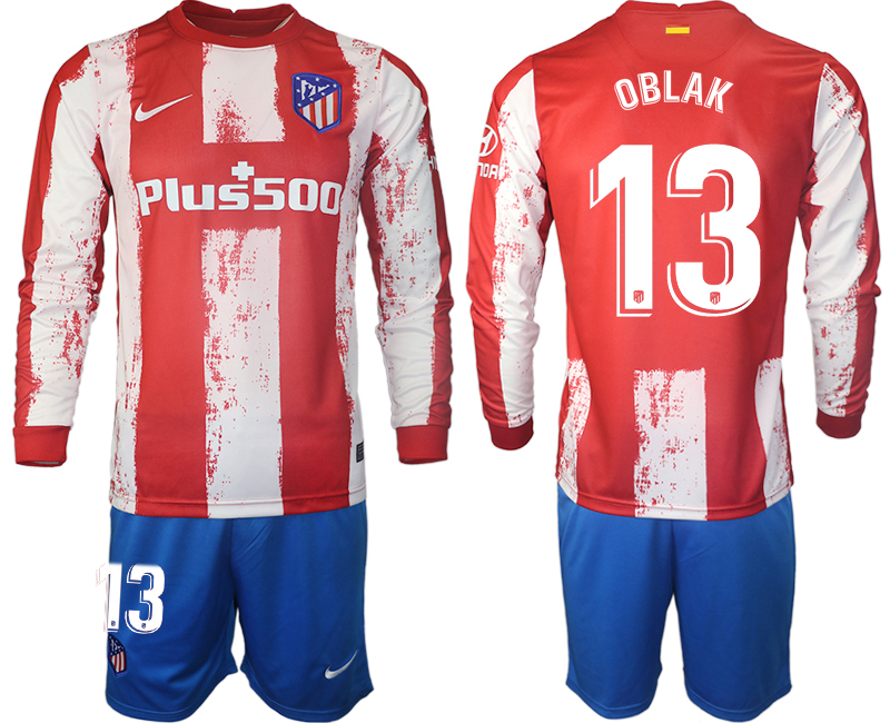 Men 2021-2022 Club Atletico Madrid home red Long Sleeve #13 Soccer Jersey